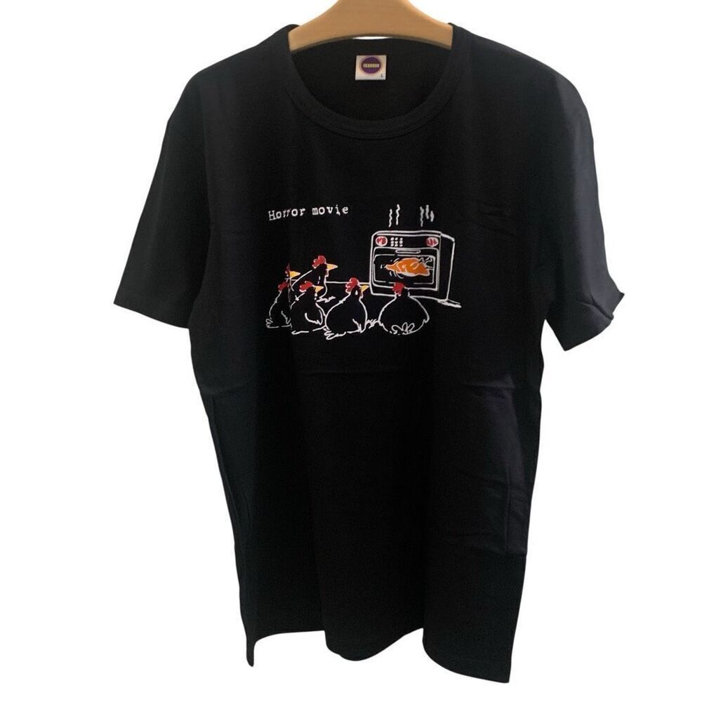 Rare Funny Chicken T-Shirt Horror Movie Graphic Tee Unisex Black Cotton Large